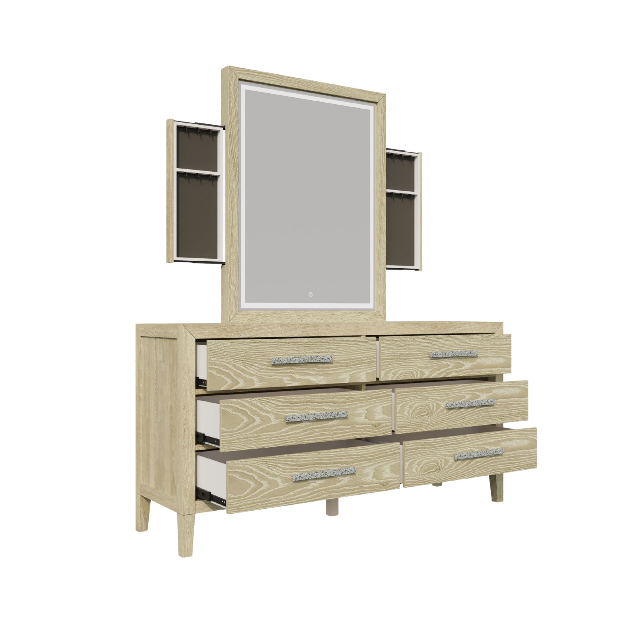 Adeline - 6 Drawers Dresser & Mirror With Jewelry Box & LED Light - Natural Wood Wash