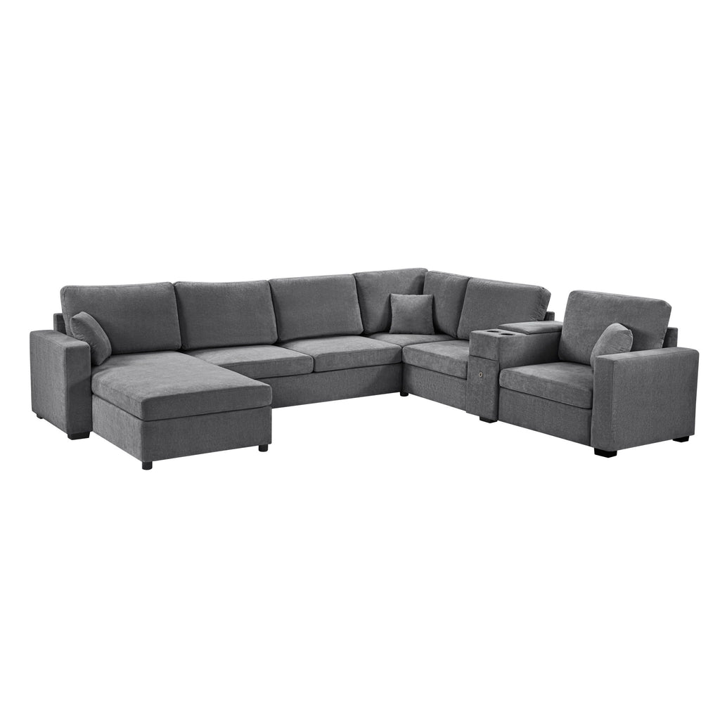 Modular 5 Seat U-Shape Sectional Sofa With Chaise Lounge, Built In Cup Holders And Storage Drawer
