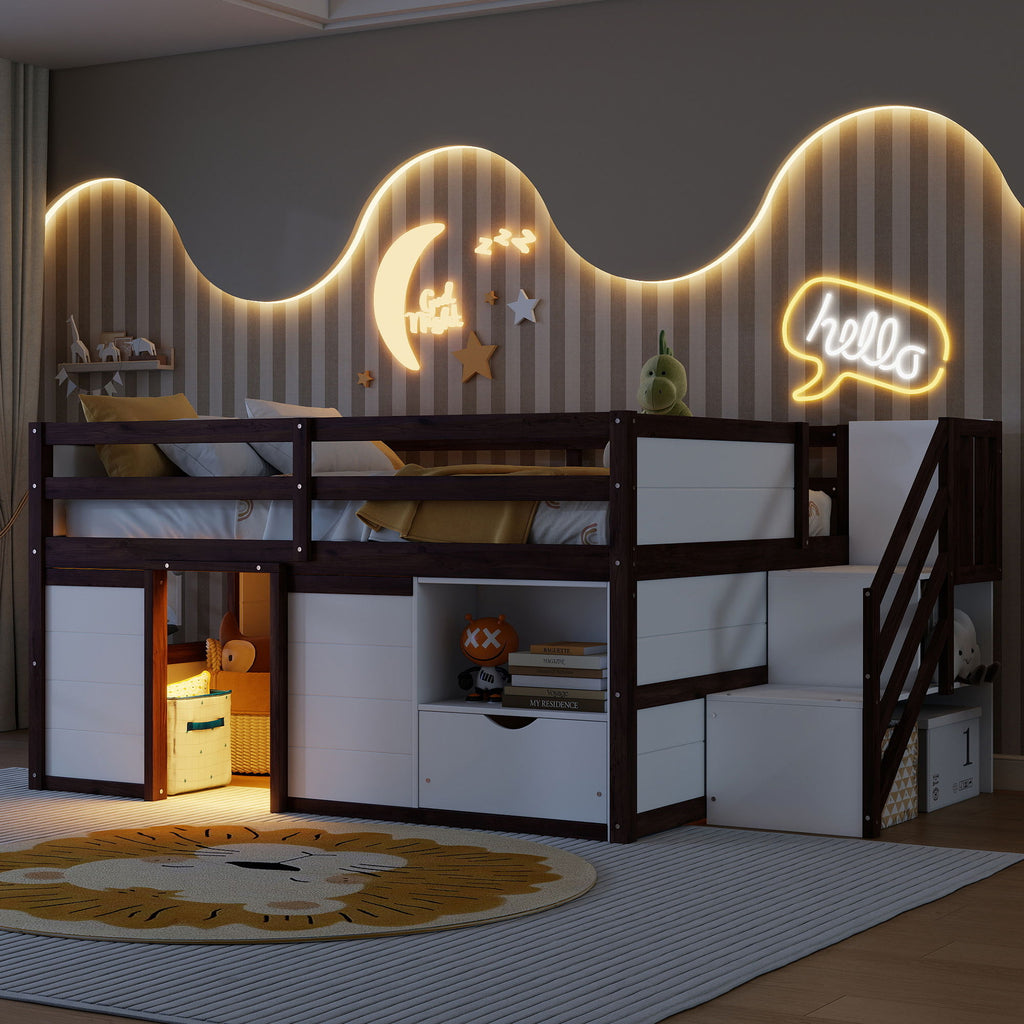 Low Loft Bed Frame With Built In Stairs, Storage Drawer, Shelf And 7 Color LED Light