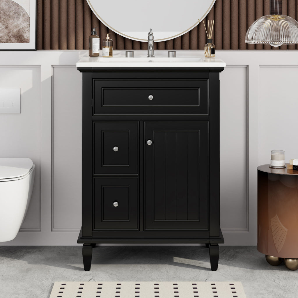 24" Bathroom Vanity With Sink, Cabinet, Adjustable Shelf, Flip Drawer & 2 Drawers - Black