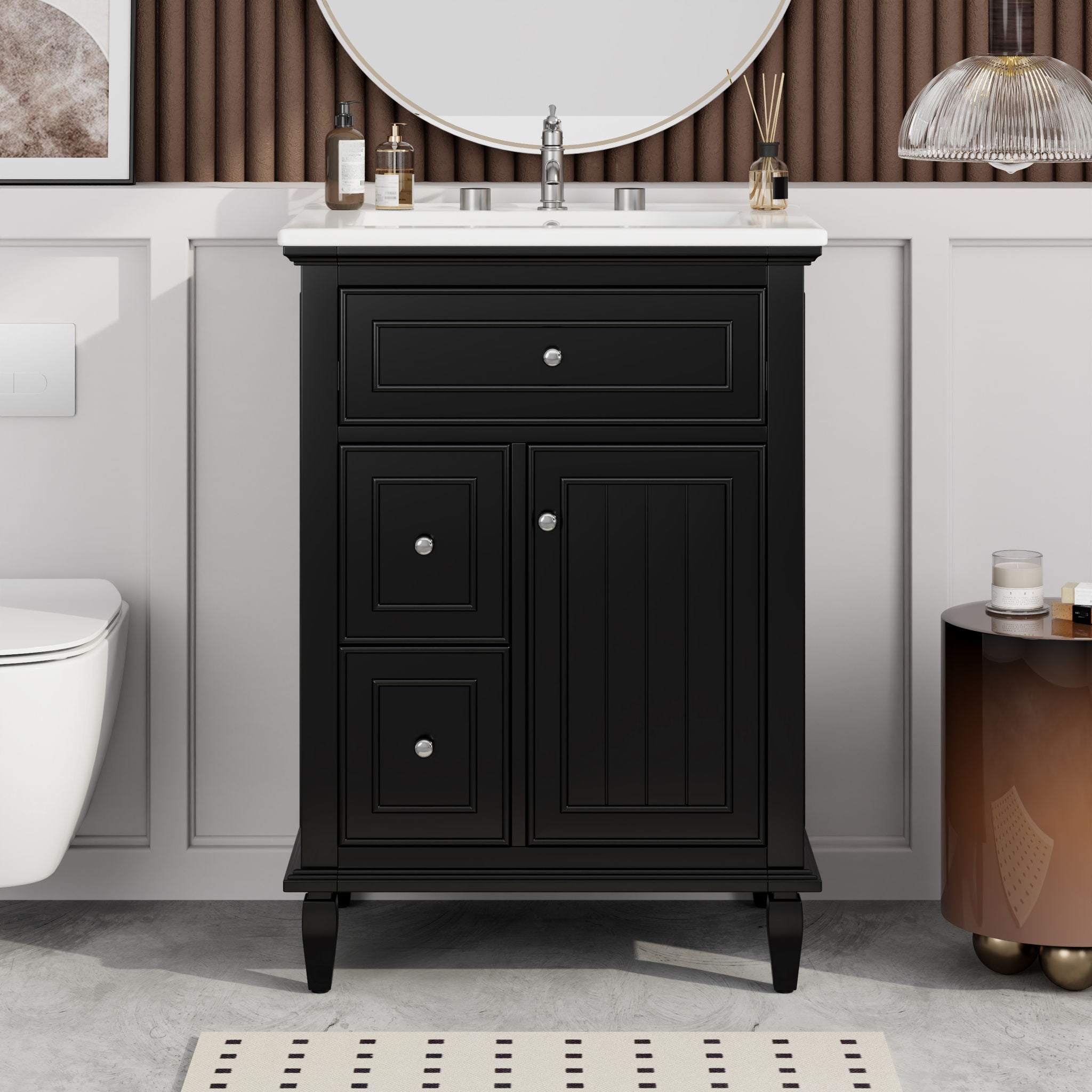 24" Bathroom Vanity With Sink, Cabinet, Adjustable Shelf, Flip Drawer & 2 Drawers - Black