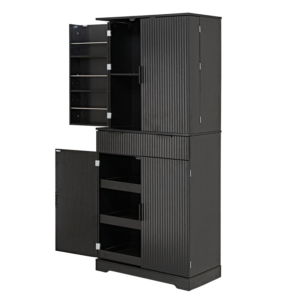 Fluted Kitchen Pantry Cabinet With 3 Keyboard Drawers & 6 Adjustable Door Shelves