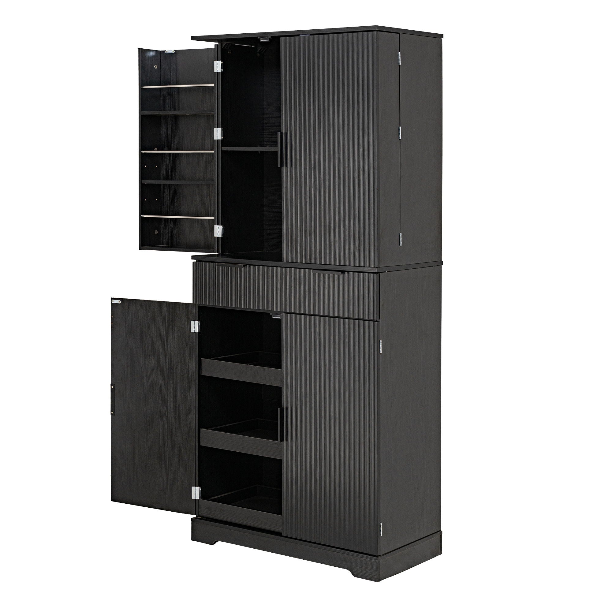 Fluted Kitchen Pantry Cabinet With 3 Keyboard Drawers & 6 Adjustable Door Shelves