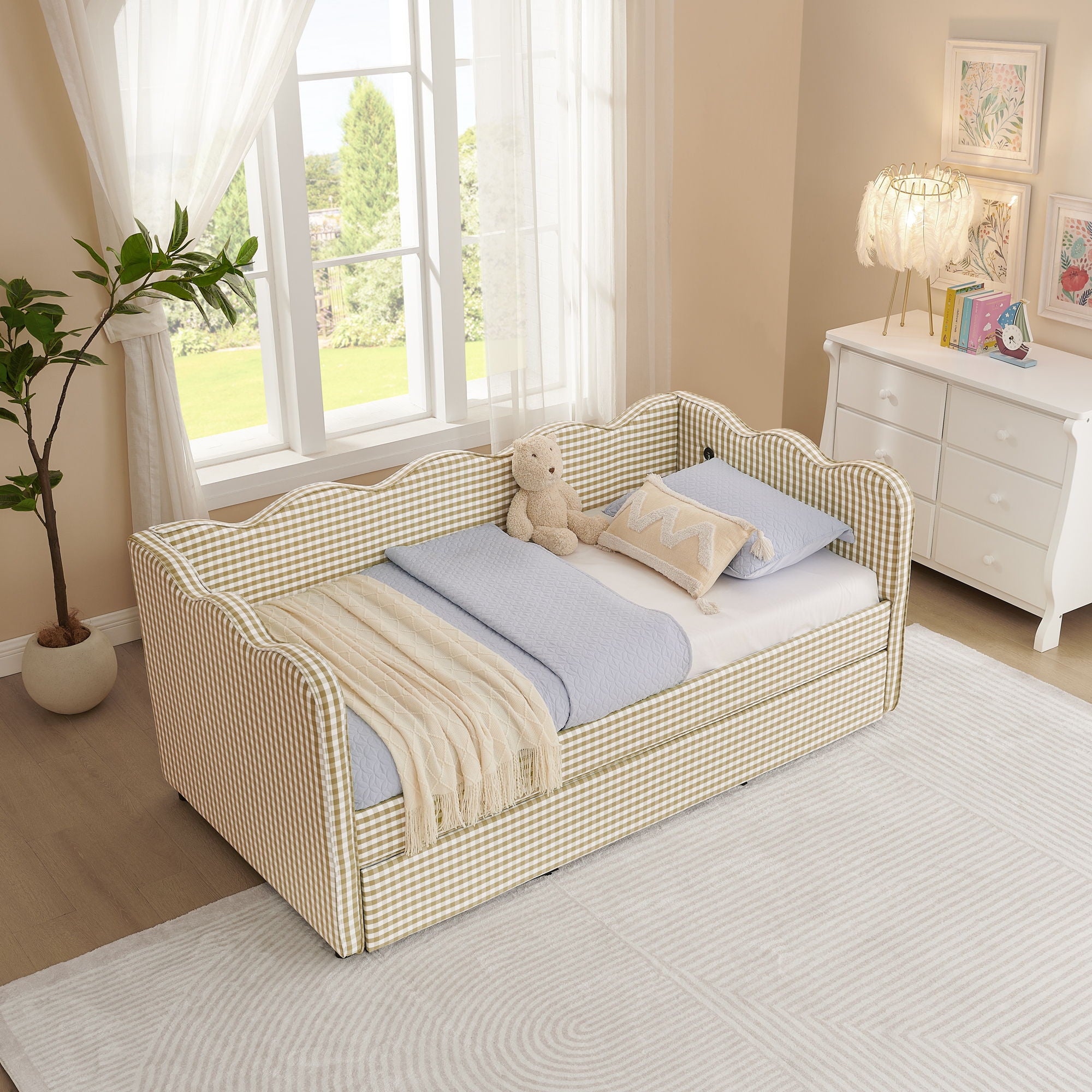 Gingham Daybed With USB Charging Port, Wave-Shaped Design