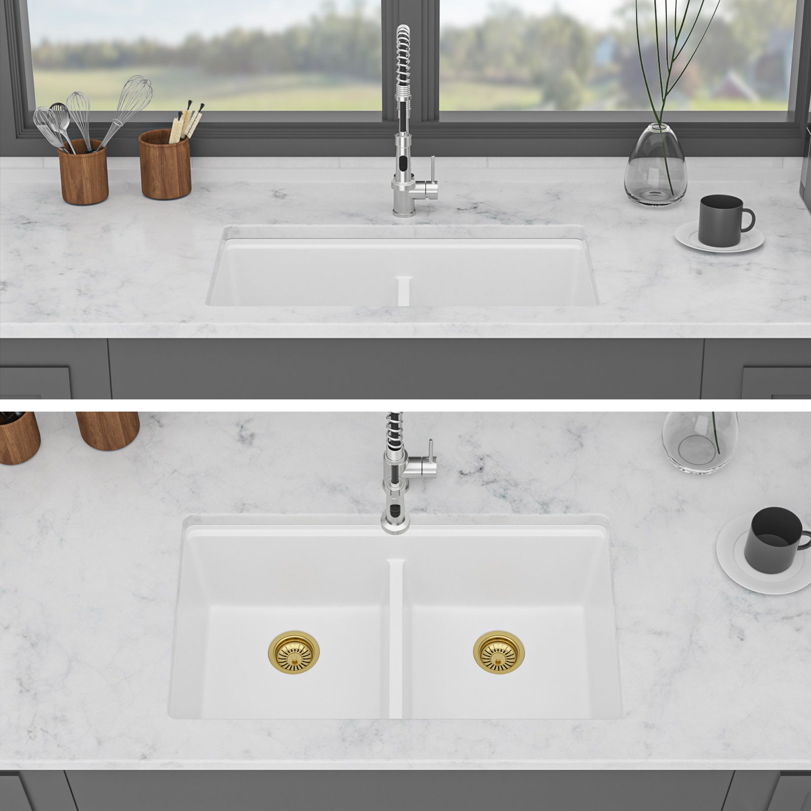 Quartz Kitchen Sink, Double Bowl Undermount Workstation
