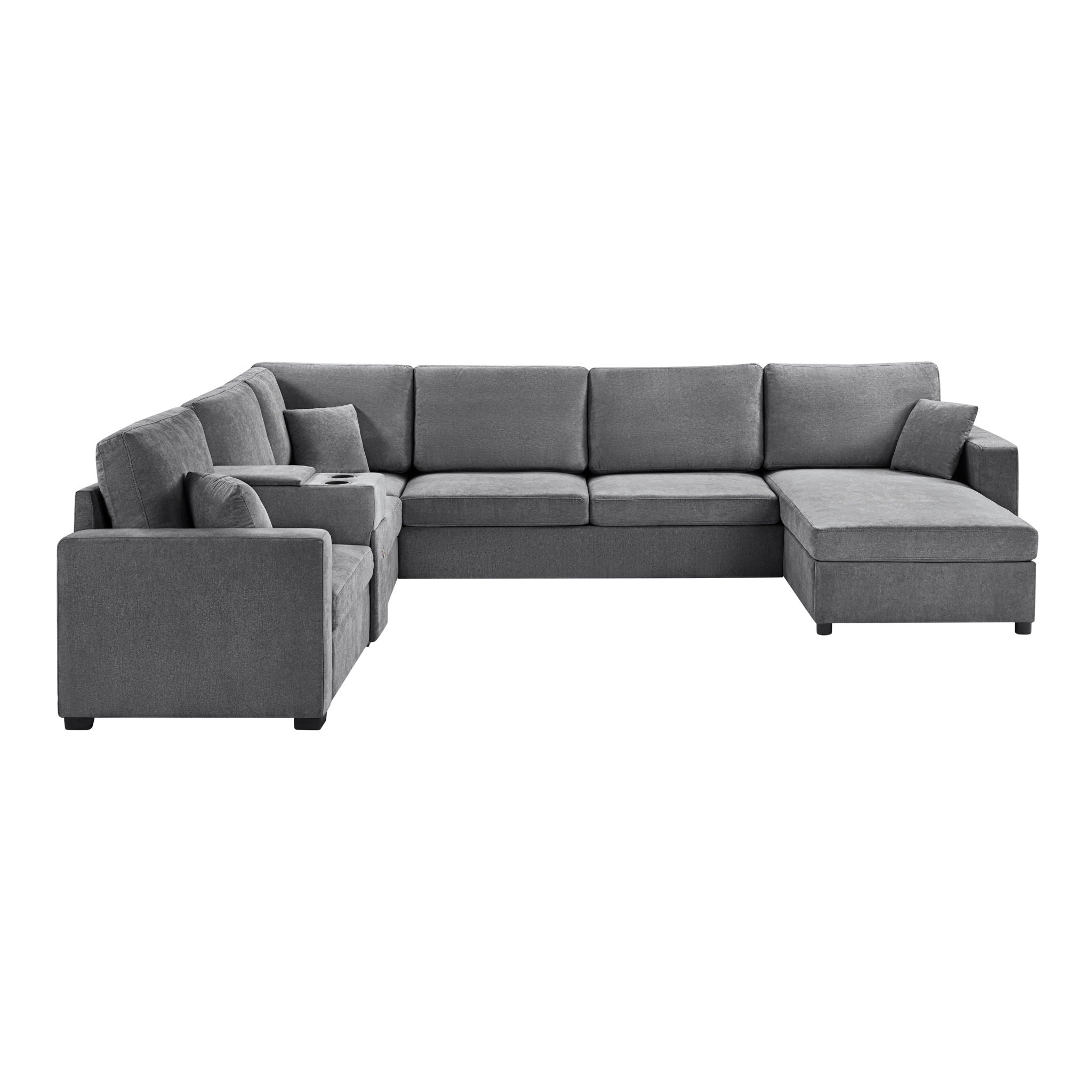 Modular 5 Seat U-Shape Sectional Sofa With Chaise Lounge, Built In Cup Holders And Storage Drawer