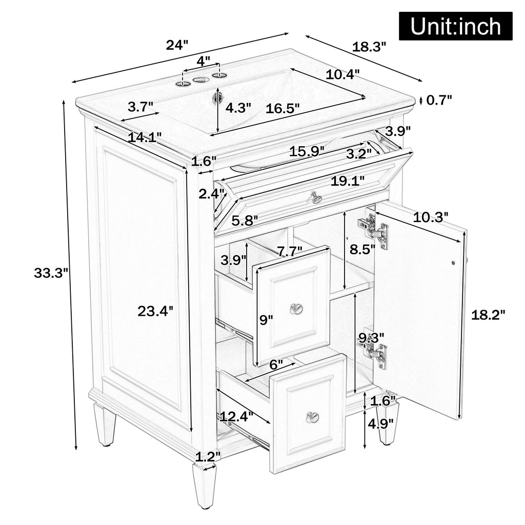 Modern Bathroom Vanity With Sink, Adjustable Shelf, 1 Flip Drawer & 2 Drawers