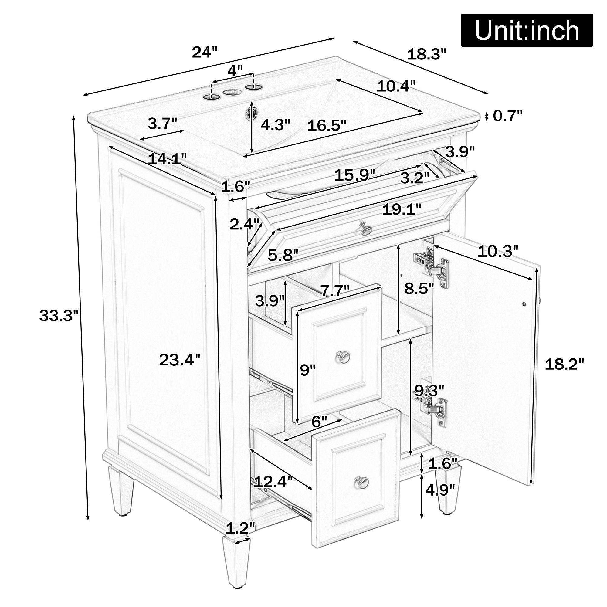 Modern Bathroom Vanity With Sink, Adjustable Shelf, 1 Flip Drawer & 2 Drawers