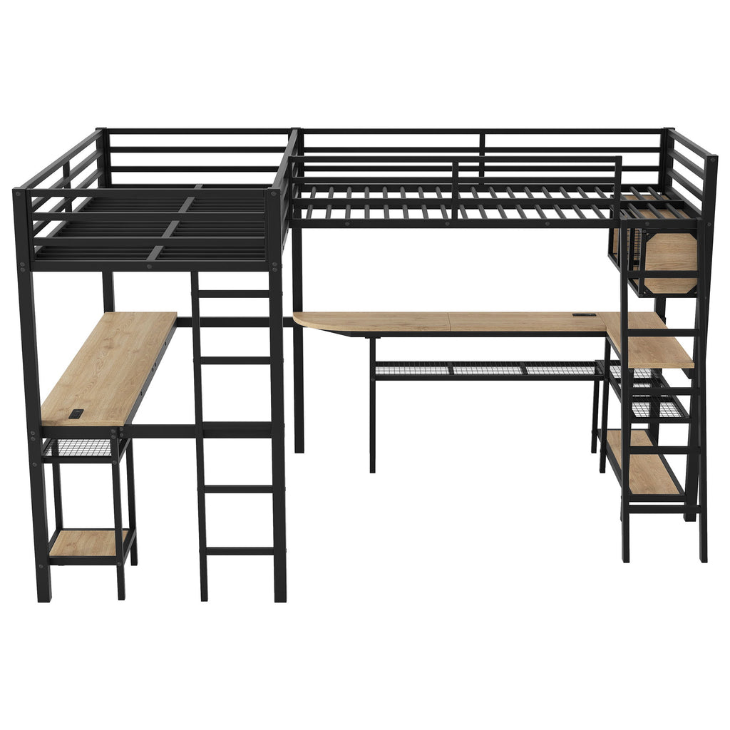 Mission Style Twin L-Shaped Loft Bed With LED, Storage Shelves, 2 Charging Stations, And 2 Built In Desks - Black