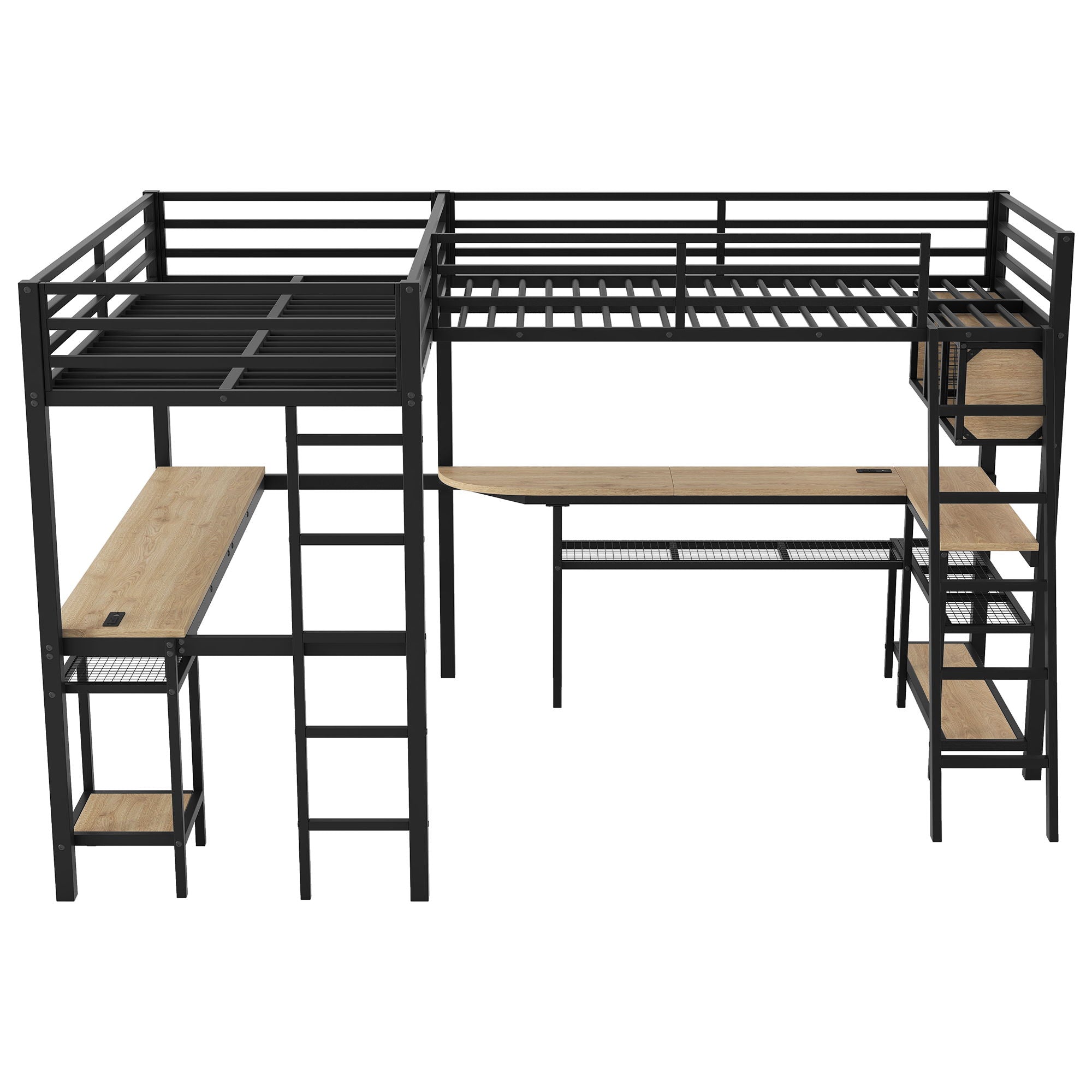 Mission Style Twin L-Shaped Loft Bed With LED, Storage Shelves, 2 Charging Stations, And 2 Built In Desks - Black