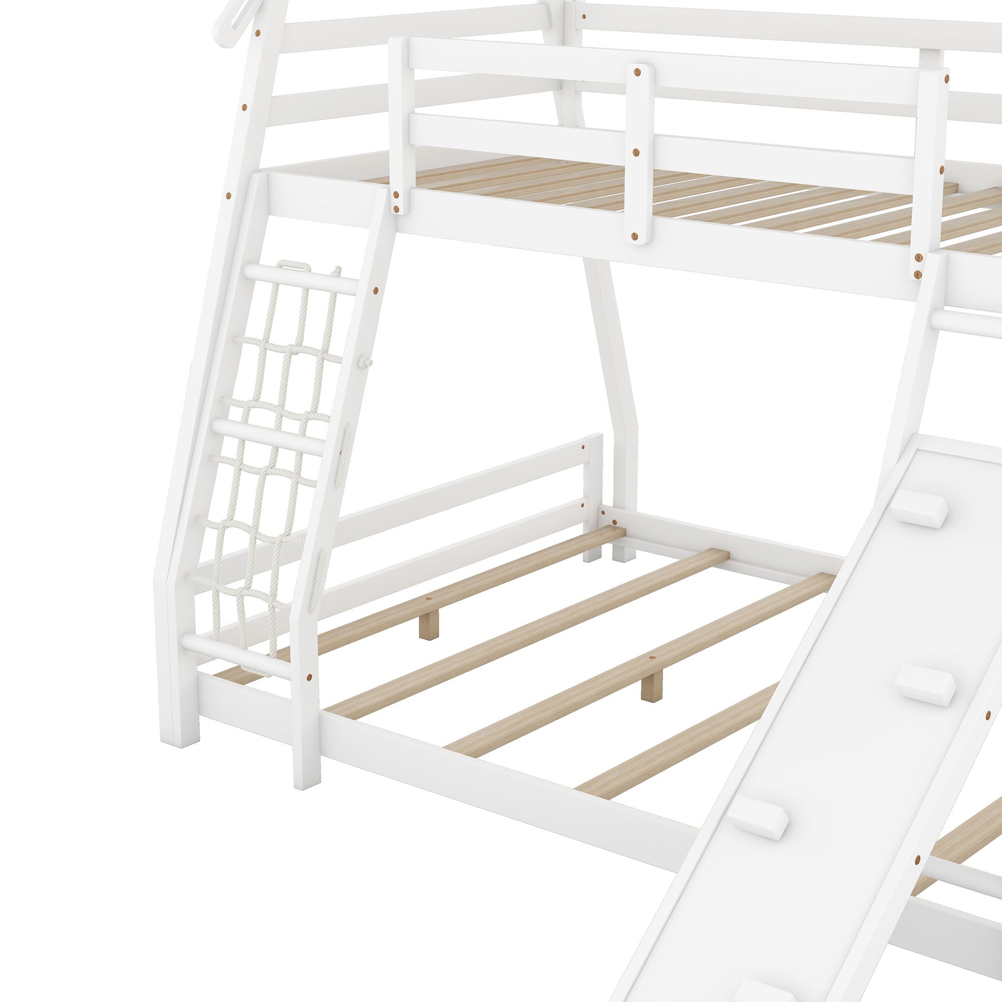 Twin Over Queen House Bunk Bed With Climbing Nets And Ramp - White