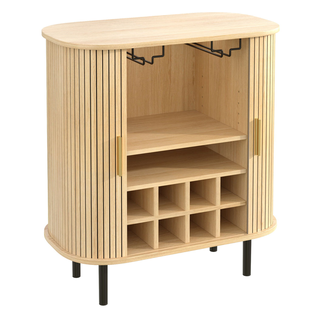 Fluted Wine Bar Cabinet With 8 Grid Wine Rack, 5 Level Adjustable Shelves, 2 Glass Holders