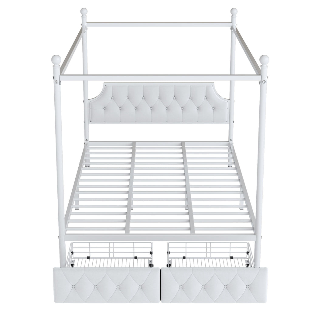 Queen Size Canopy Platform Bed With Upholstered Headboard And 2 Storage Drawers - White