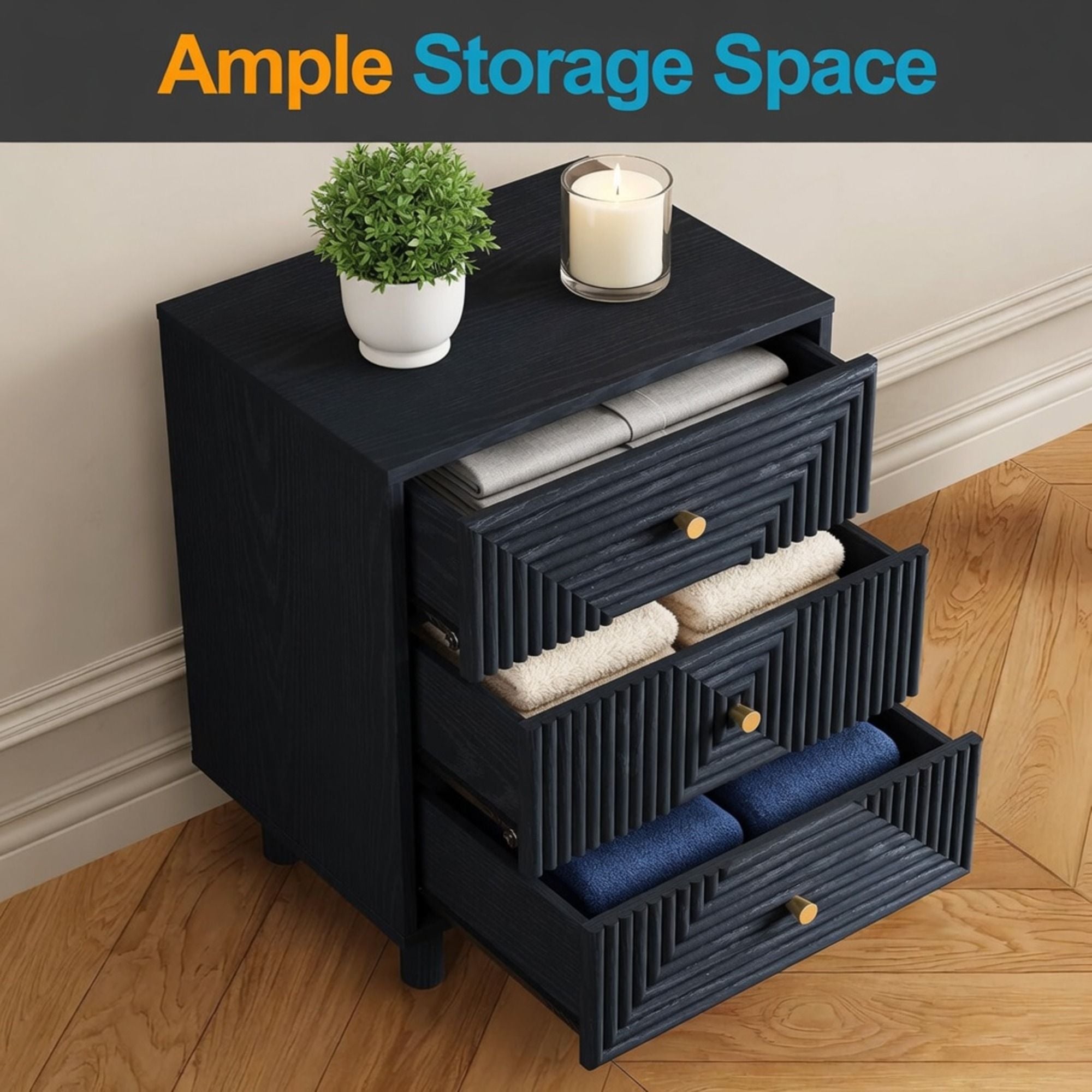 3 Drawer Nightstand - Black - Wood