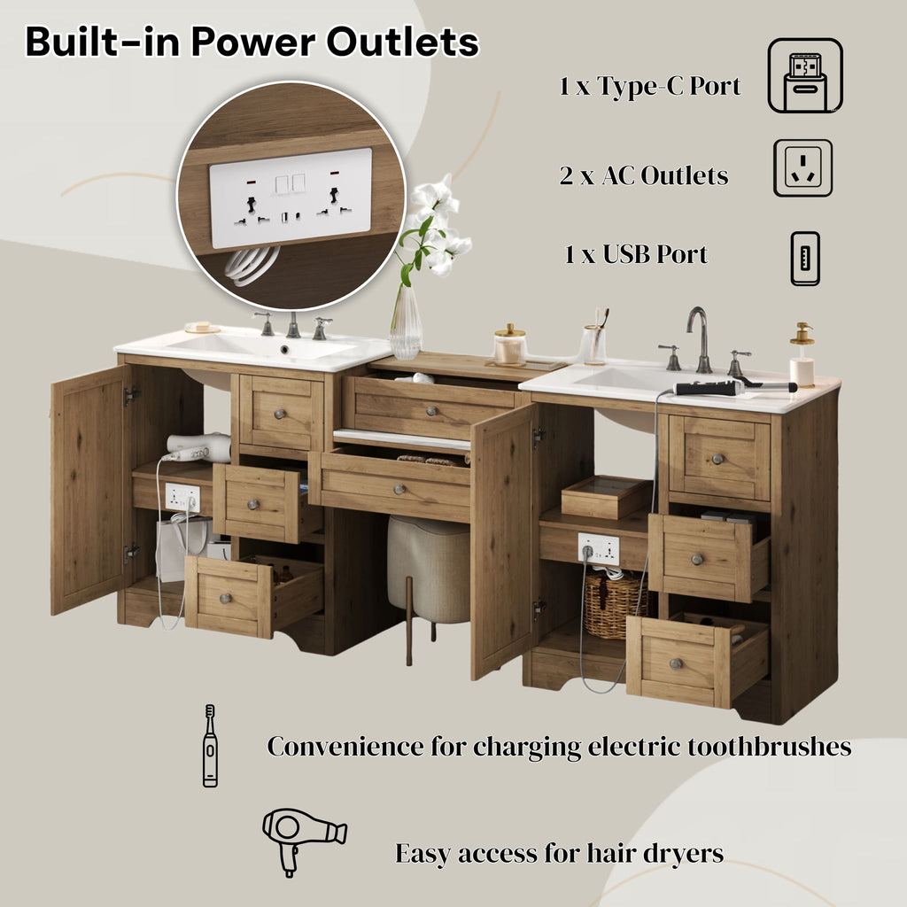 Double Sink Bathroom Vanity With Countertop, 2 Ceramic Sinks, 6 Drawers, Soft Close Design
