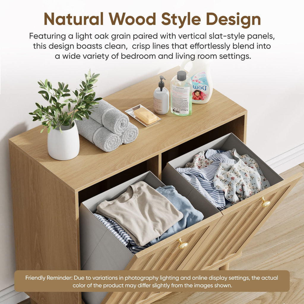 Sloping Laundry Basket With Removable Inner Bin, Concealed Storage Cabinet For Bathroom - Oak