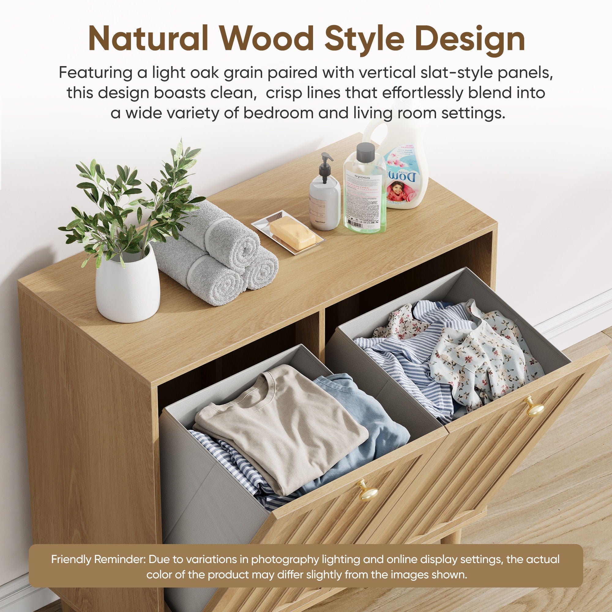 Sloping Laundry Basket With Removable Inner Bin, Concealed Storage Cabinet For Bathroom - Oak