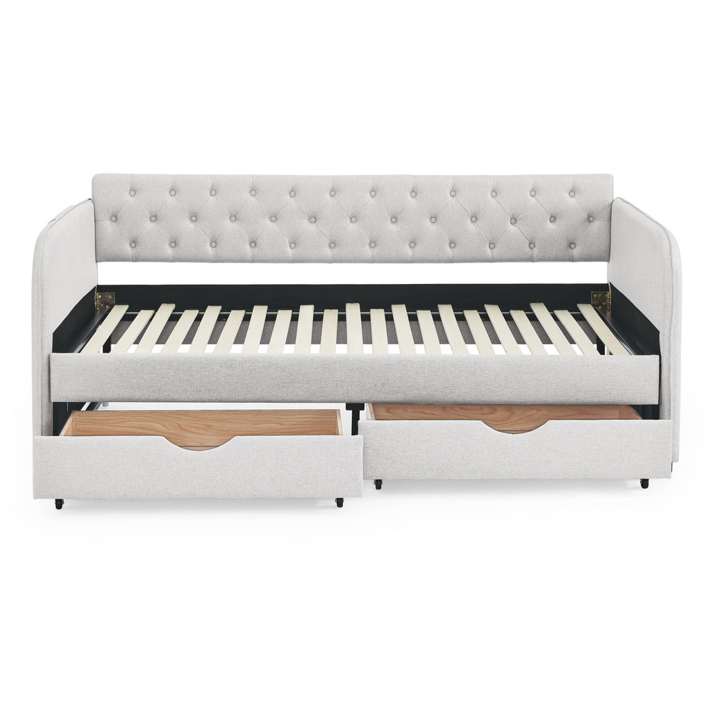 Daybed With Trundle And Storage Drawers, Flat Arms With Pocket