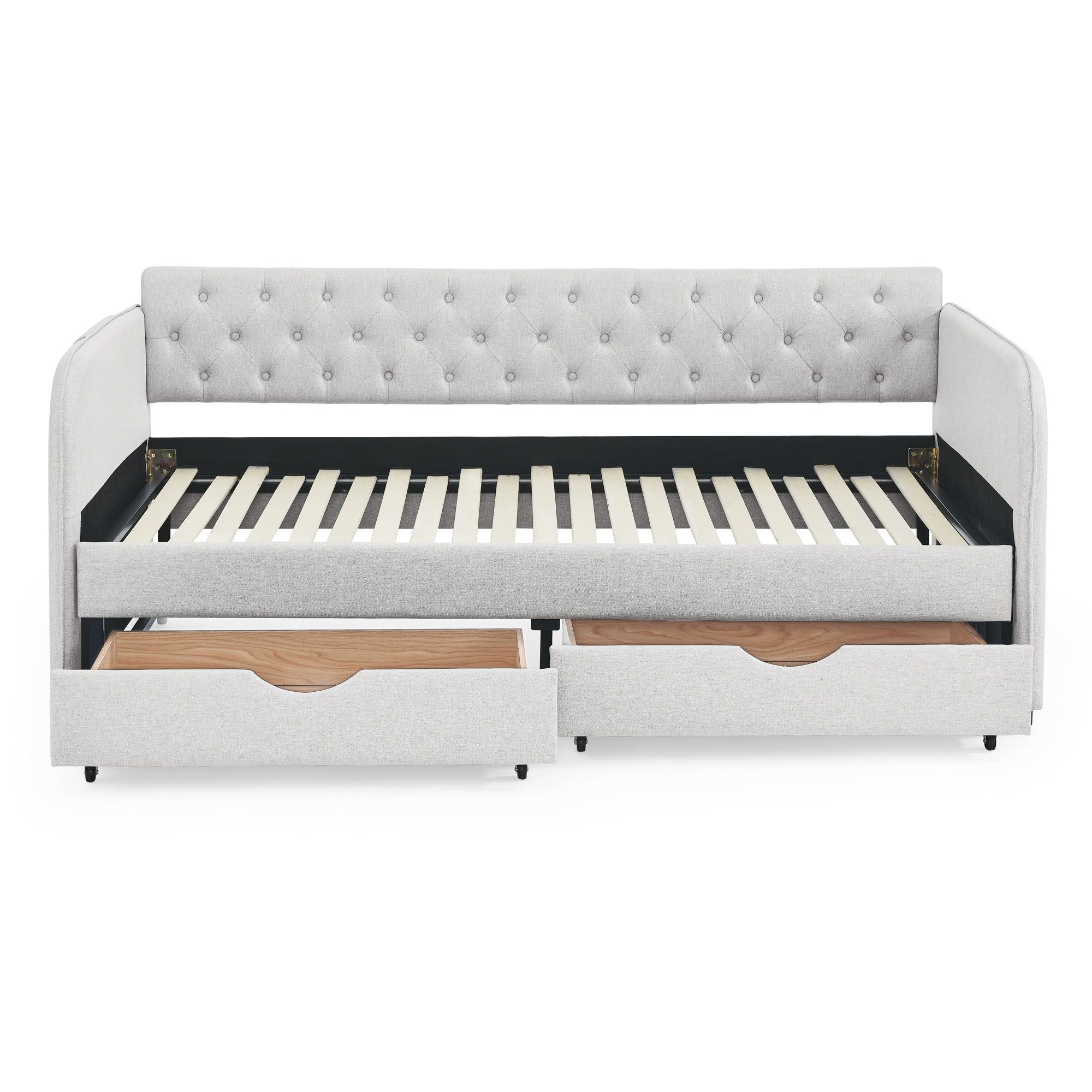 Daybed With Trundle And Storage Drawers, Flat Arms With Pocket