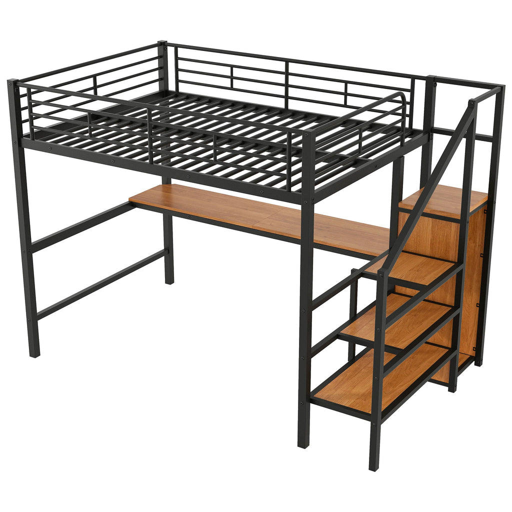 Loft Bed With Desk, Storage Staircase, Small Wardrobe And LED Light