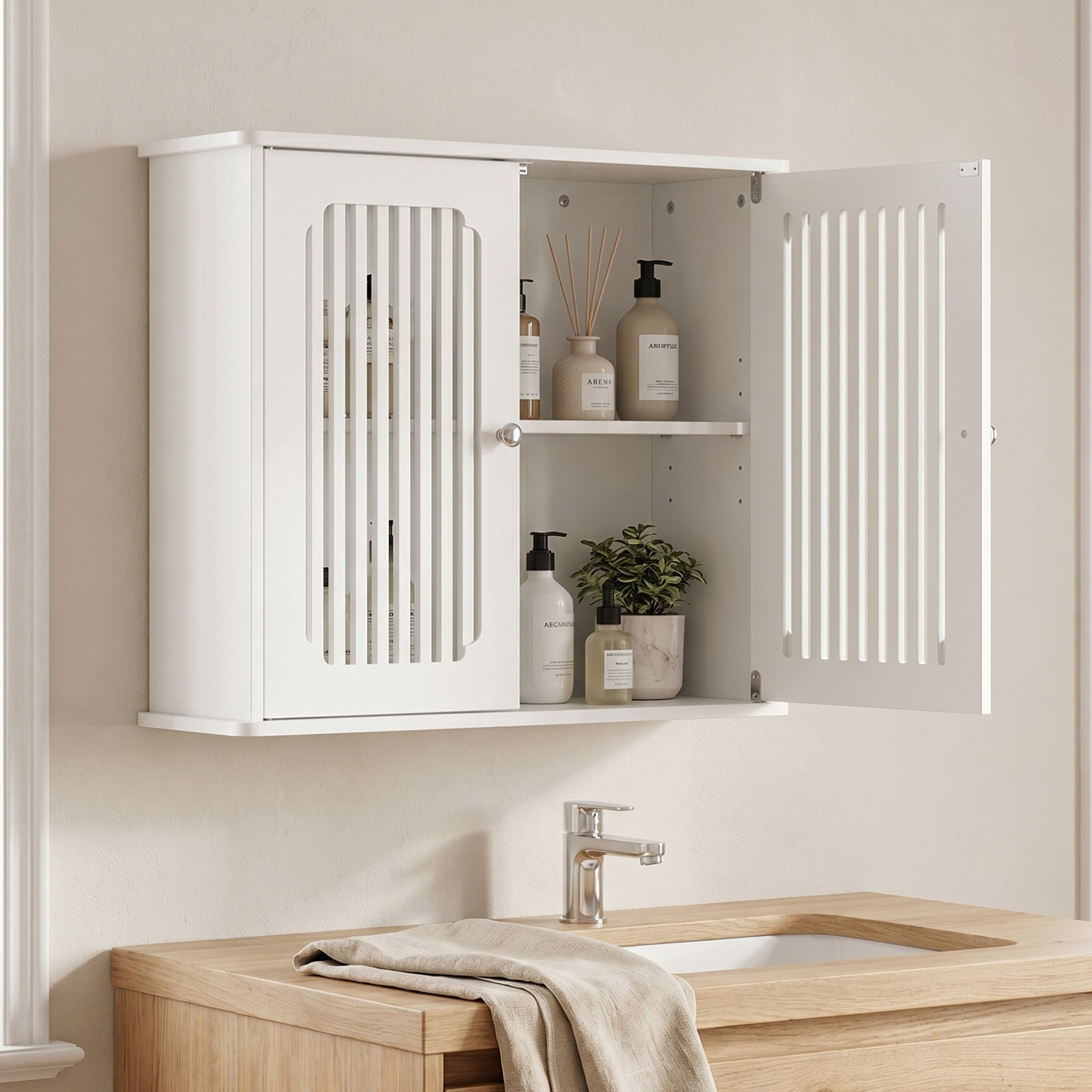 Louvered Double Door Wall Mounted Bathroom Cabinet - White