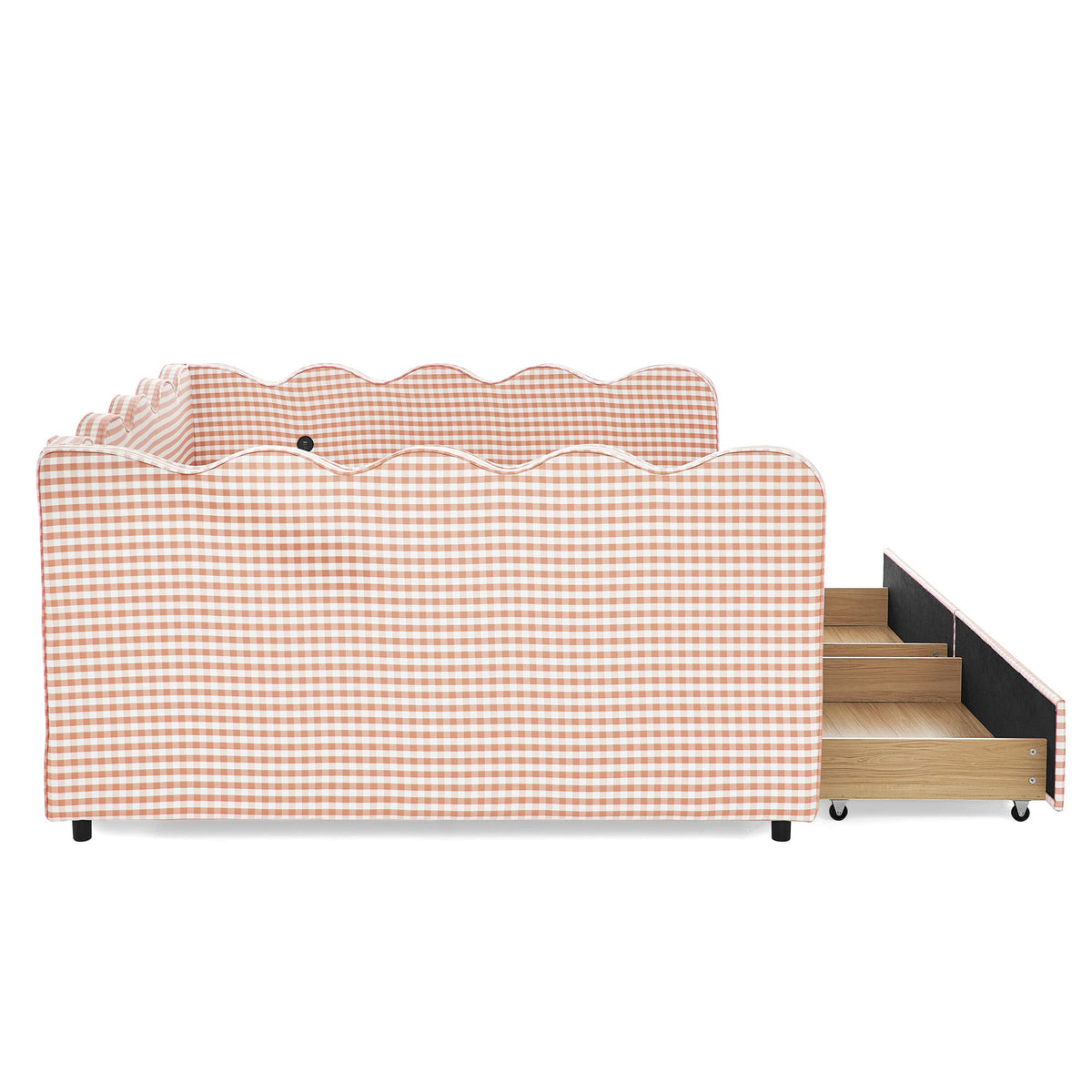 Queen Size Gingham Daybed With 2 Storage Drawers, USB Port, Wave-Shaped Design - Pink
