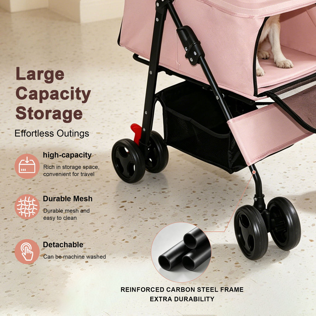 Foldable Pet Stroller For Small Dogs And Cats With Multi Functional Tray