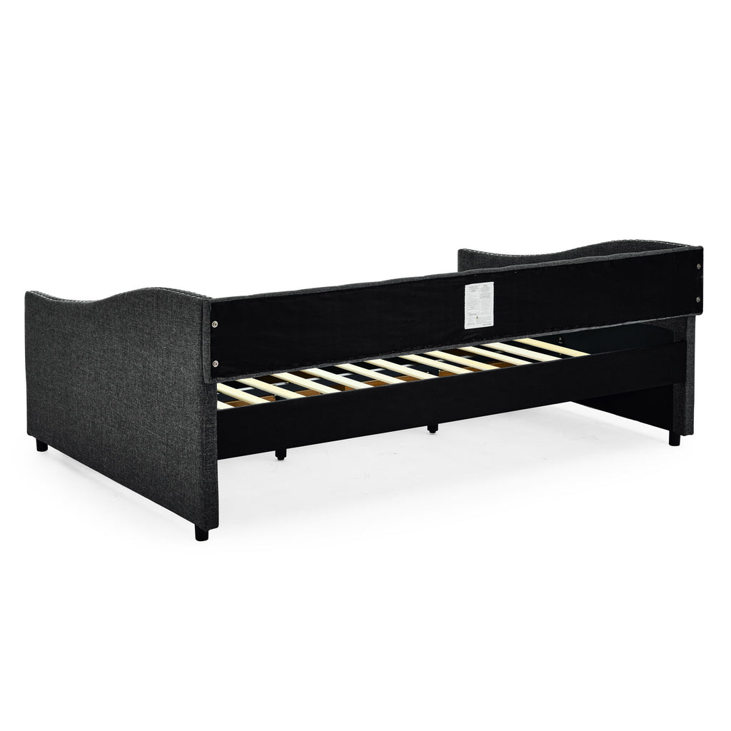 Full Size Upholstered Daybed With Tufted Back And Nail Trimmed Waved Arms - Dark Gray