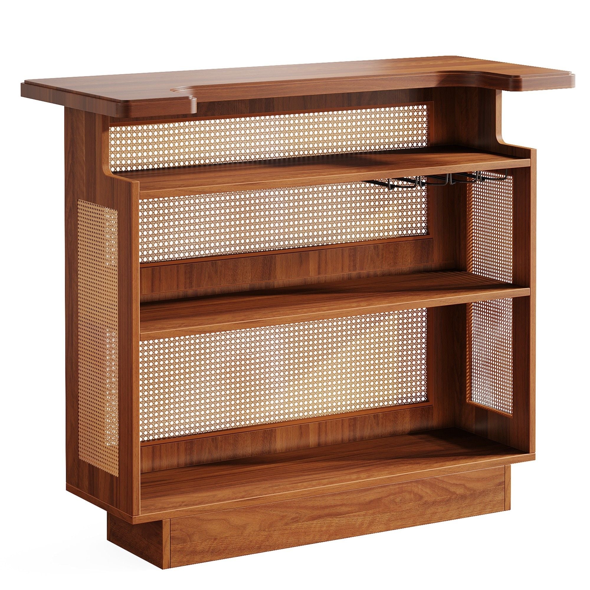 Home Bar Unit With 4 Tier Storage And Stemware Racks For Living Room - Brown
