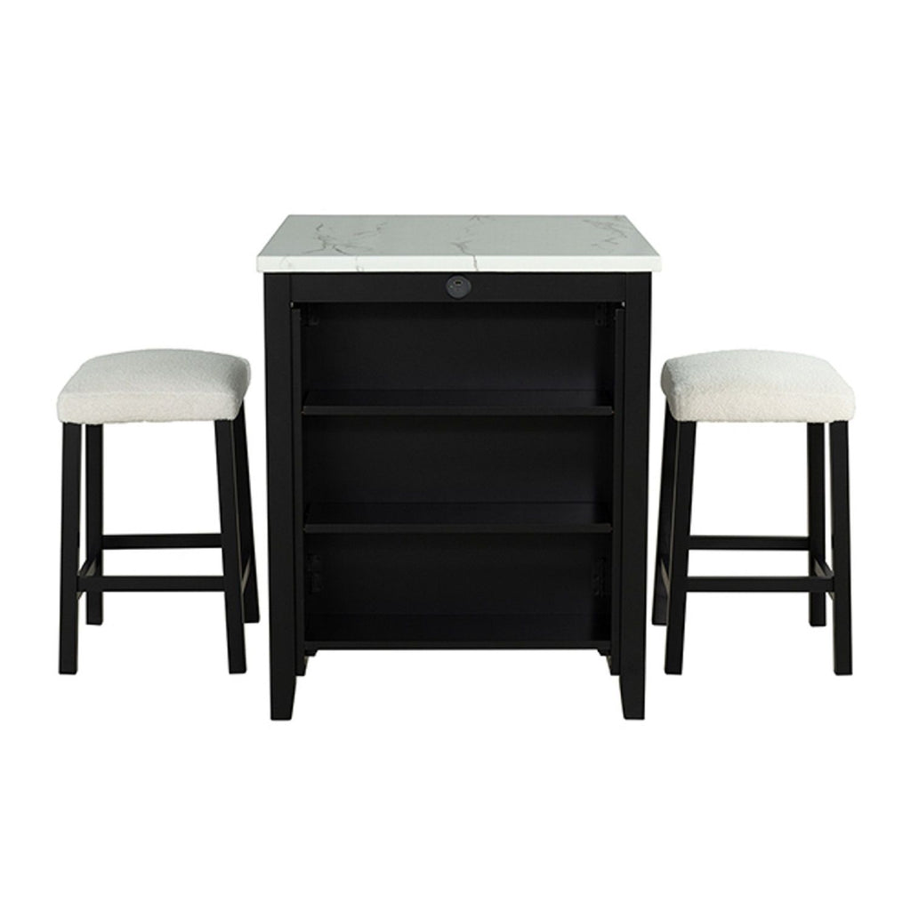 Dining Table Set With Storage Shelves, 3 Piece With 2 Stools - Black / Ivory / White