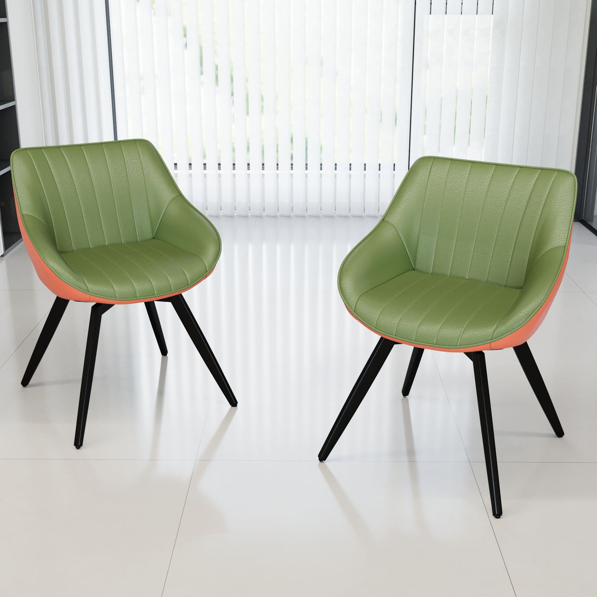 Medieval - Modern Kitchen Dining Chairs (Set of 2) With Black Metal Legs 360° Rotate - Green / Orange