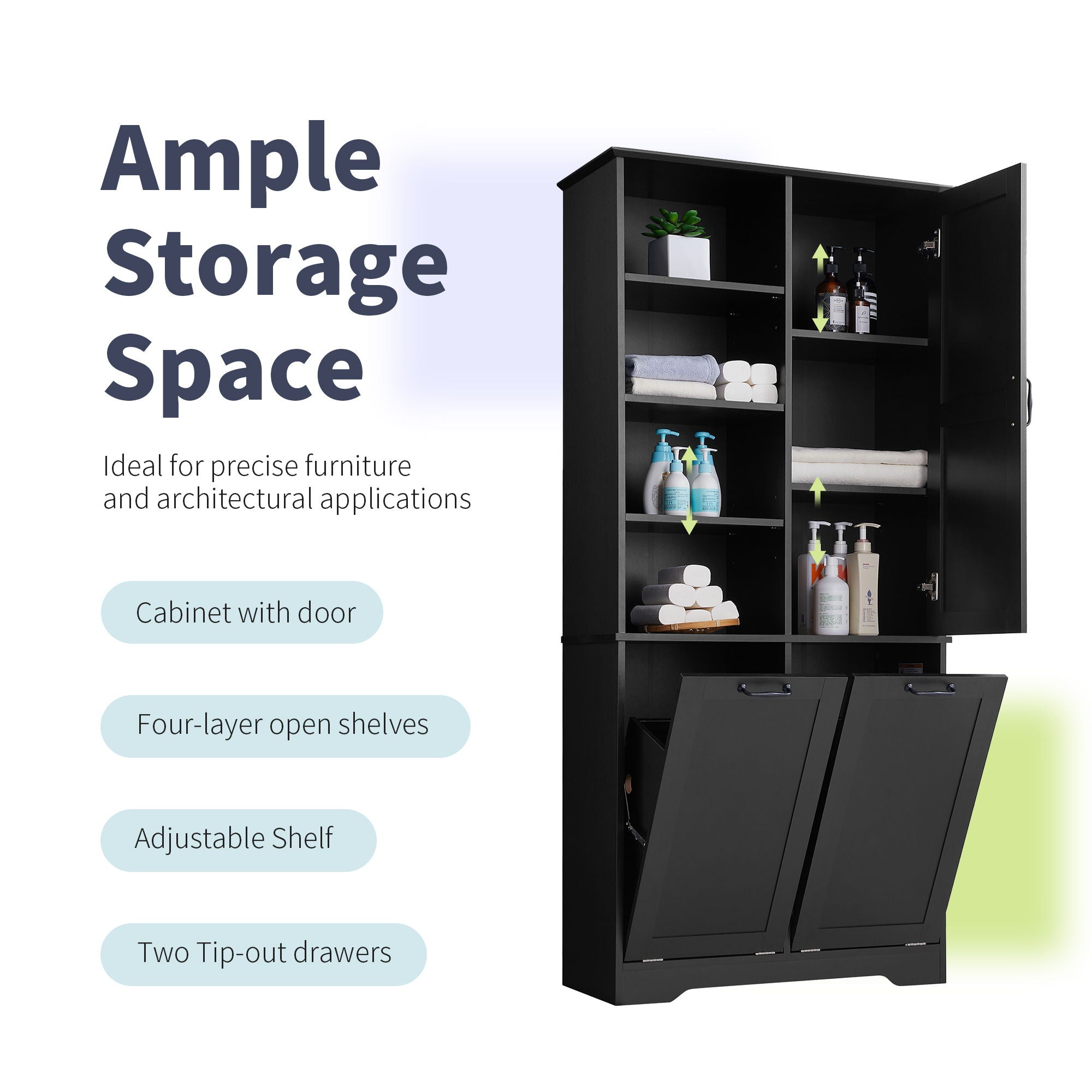 Freestanding Bathroom Storage Cabinet With Doors And Drawers, Adjustable Shelves, Tilt-Out Laundry Hamper