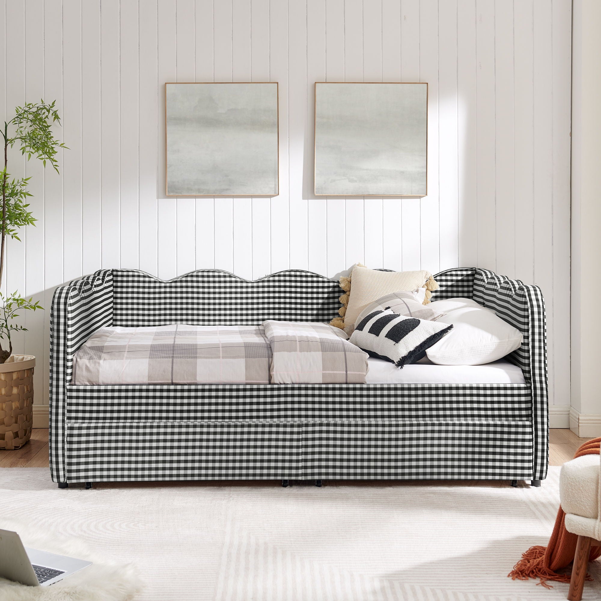 Gingham Daybed & USB Charging Port, Wave-Shaped Design