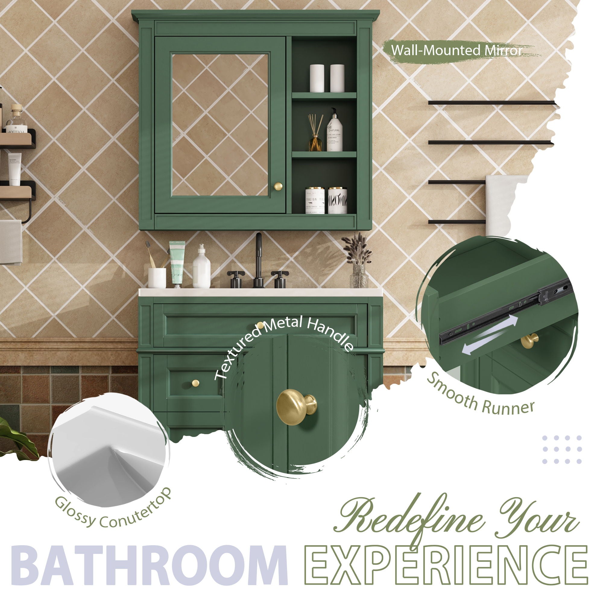 Bathroom Vanity With Medicine Cabinet, Royal Mirror Cabinet, Modern Bathroom Storage Cabinet With 2 Soft Closing Doors And 4 Drawers
