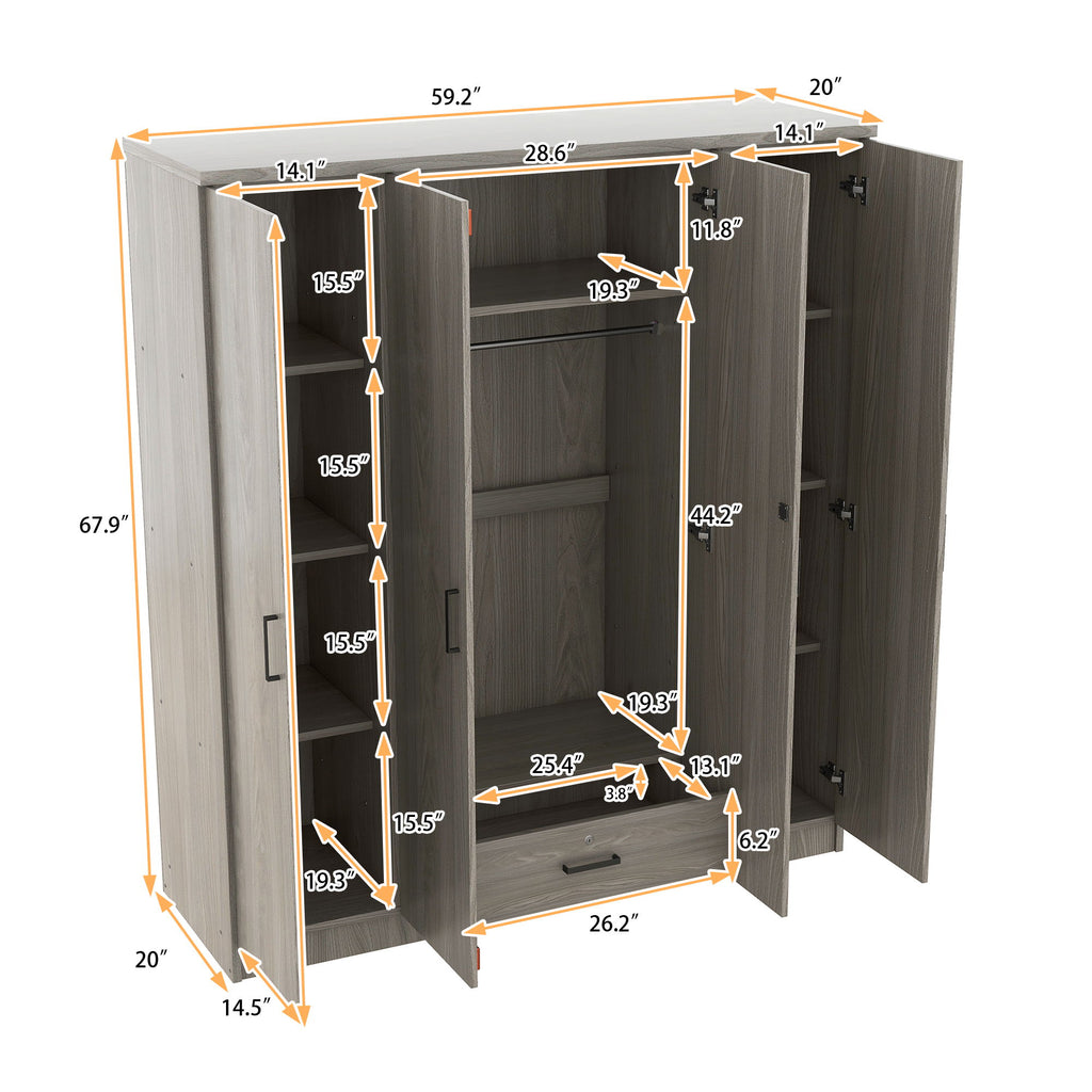 4 Door Wardrobe With 1 Drawer - Gray