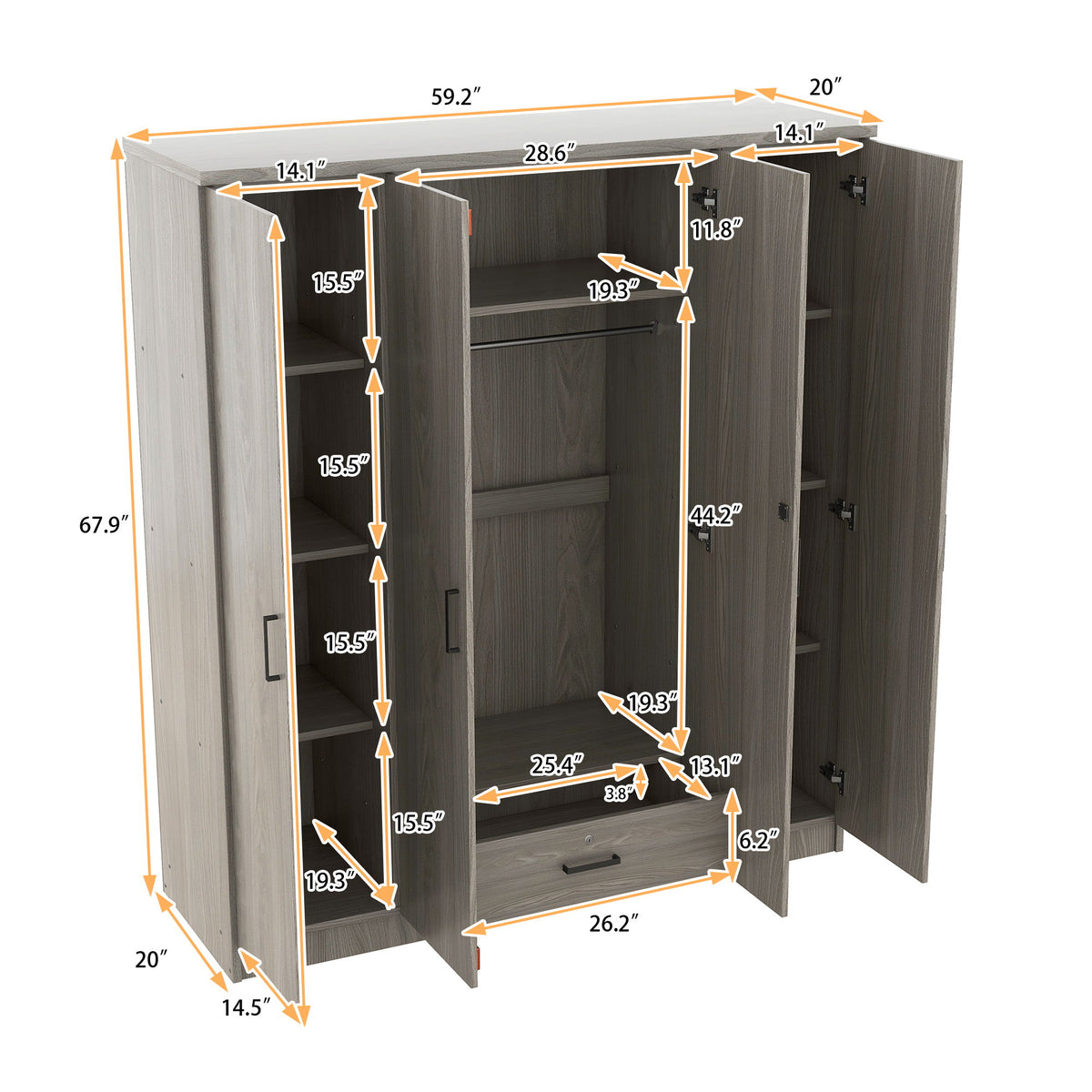 4 Door Wardrobe With 1 Drawer - Gray