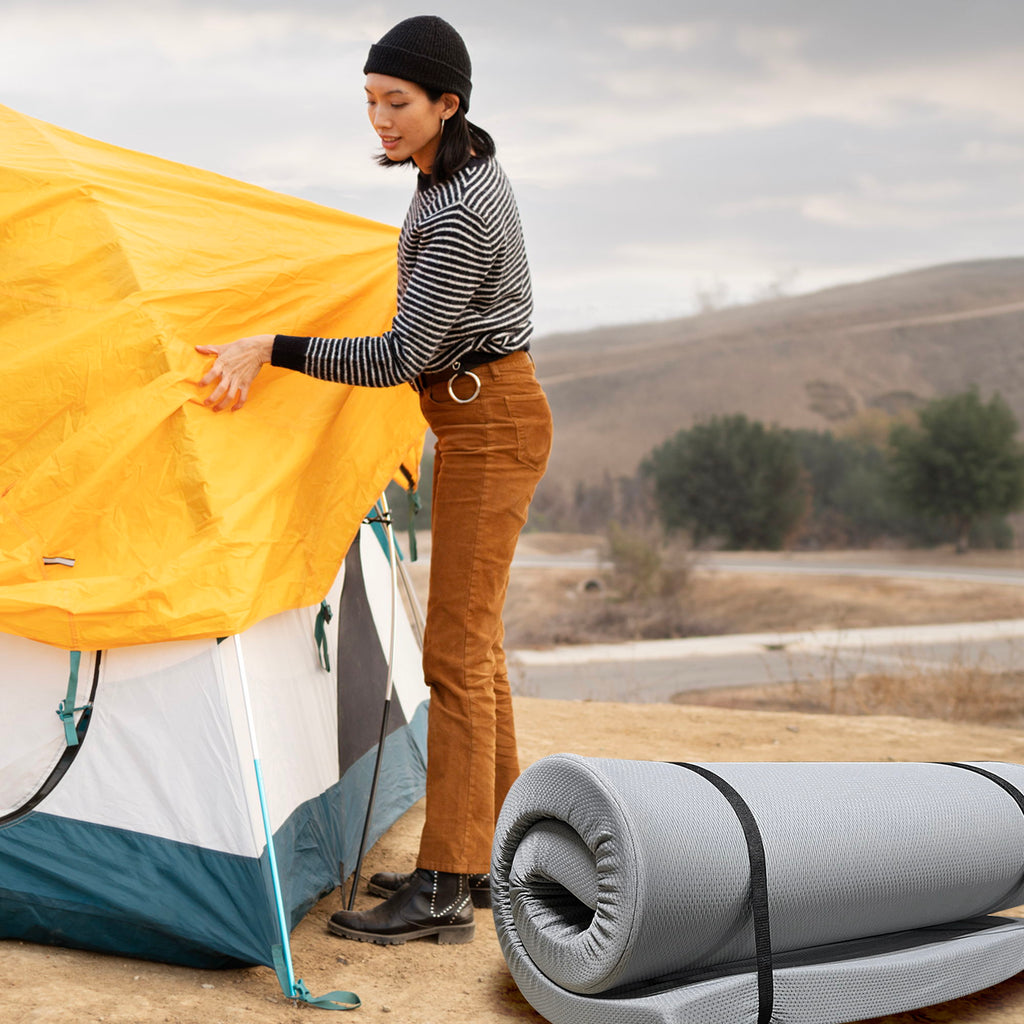 Memory Foam Camping Mattress Foldable, Portable With Water Resistant Cover - Gray