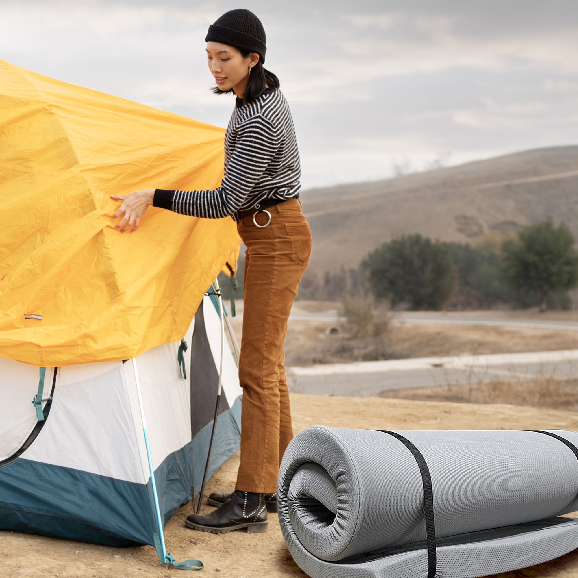 Memory Foam Camping Mattress Foldable, Portable With Water Resistant Cover - Gray