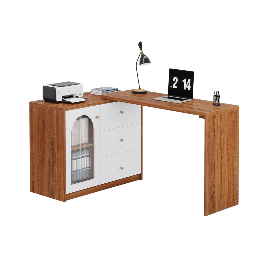 L - Shaped Computer Desk With Drawers, Reversible Corner Workstation For Home Office - Brown / White