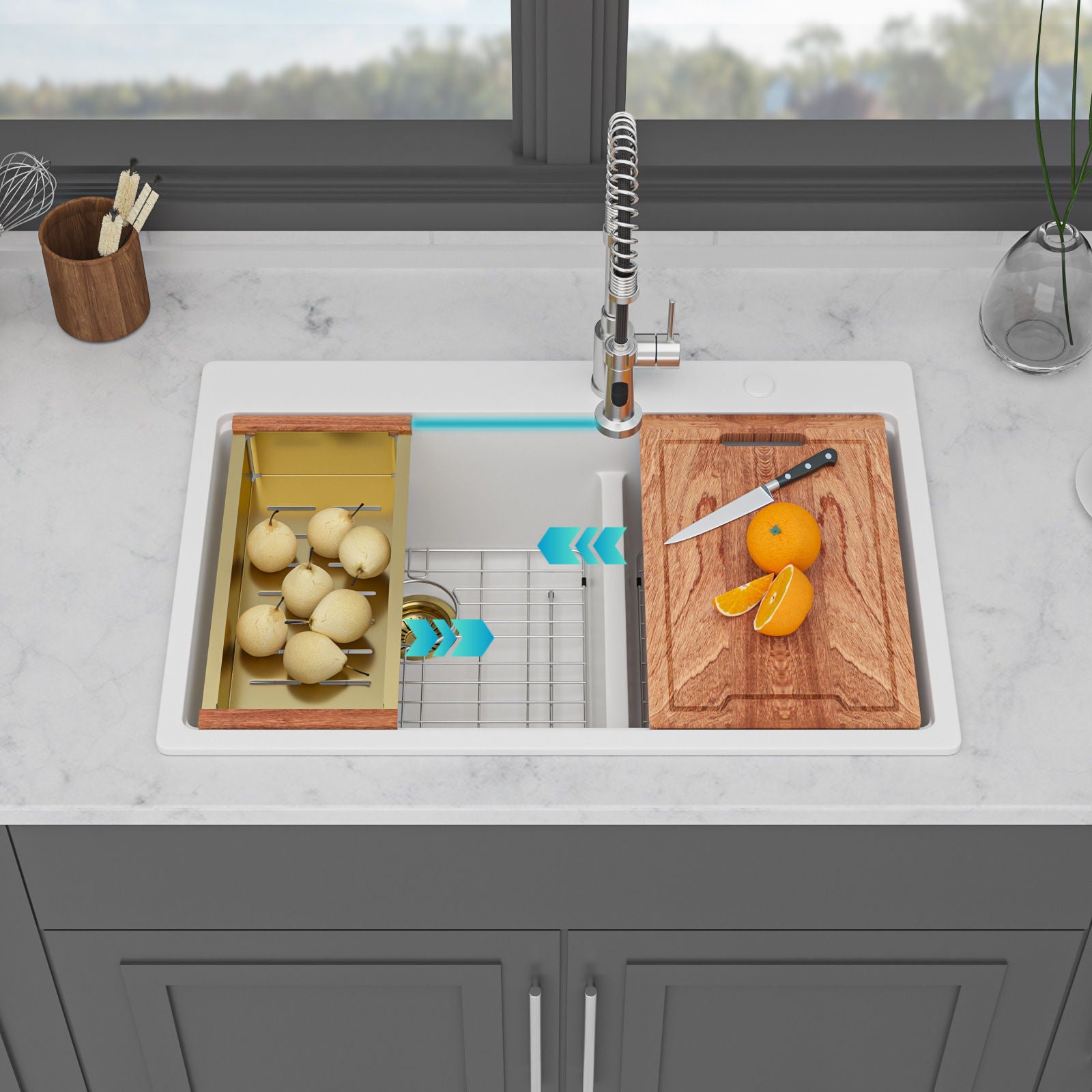 Quartz Kitchen Sink, Double Bowl Undermount Workstation