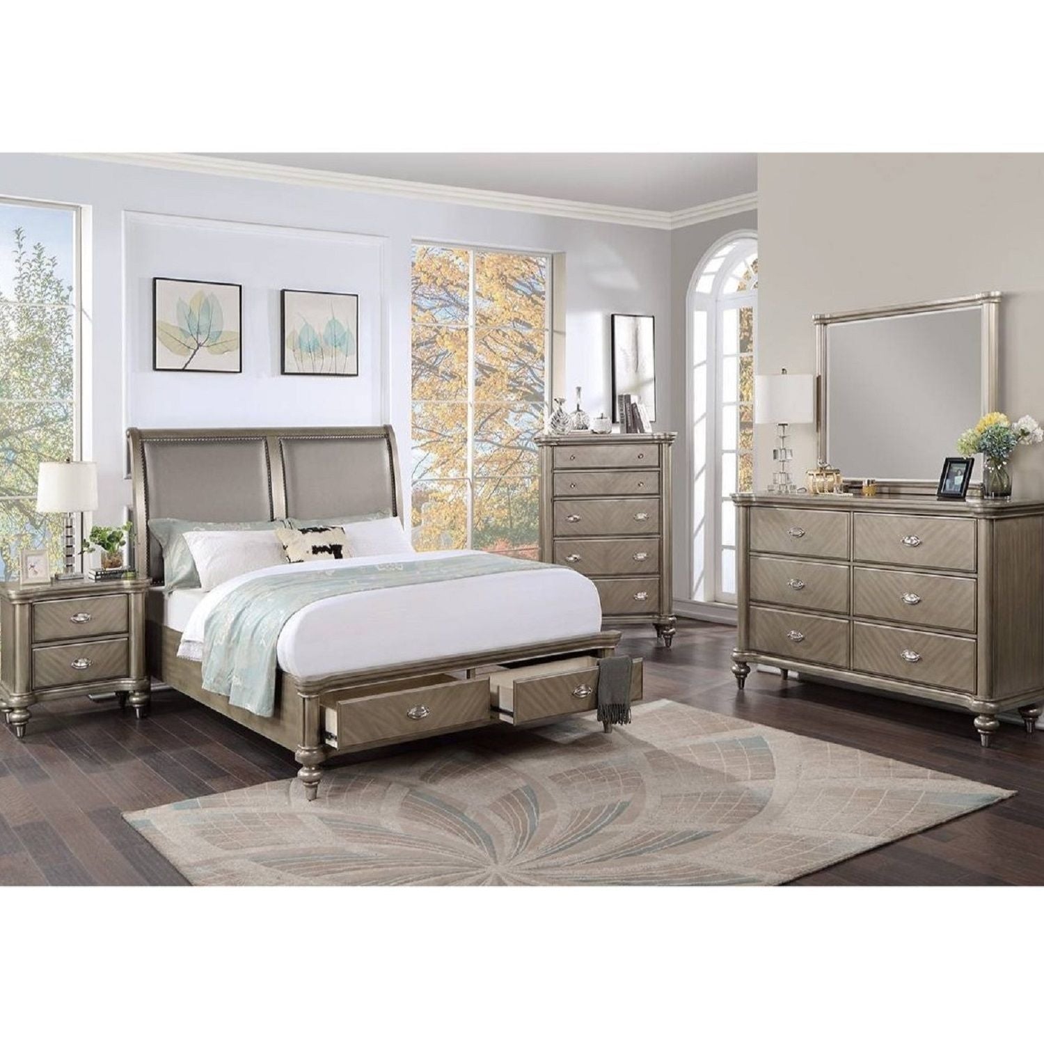 Bed With 2 Panel Upholstered Headboard And Footboard Drawers