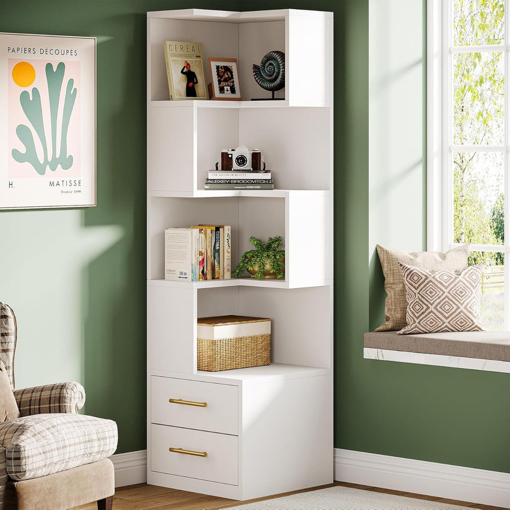 Corner Bookshelf With 2 Drawers, 5 Tier Bookcase For Apartment - White