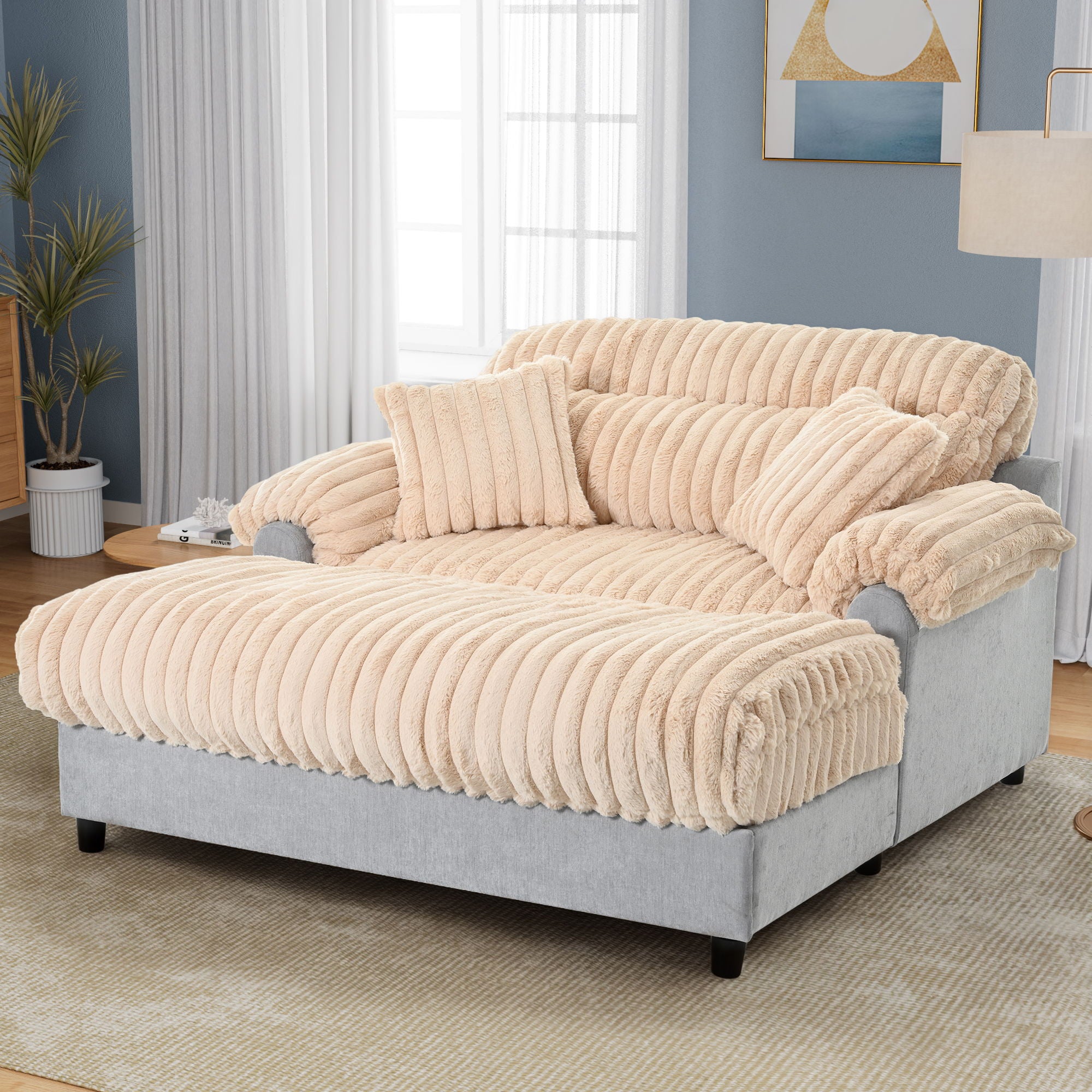 Chaise Lounge Cloud Sofa With 2 Throw Pillows - Champagne
