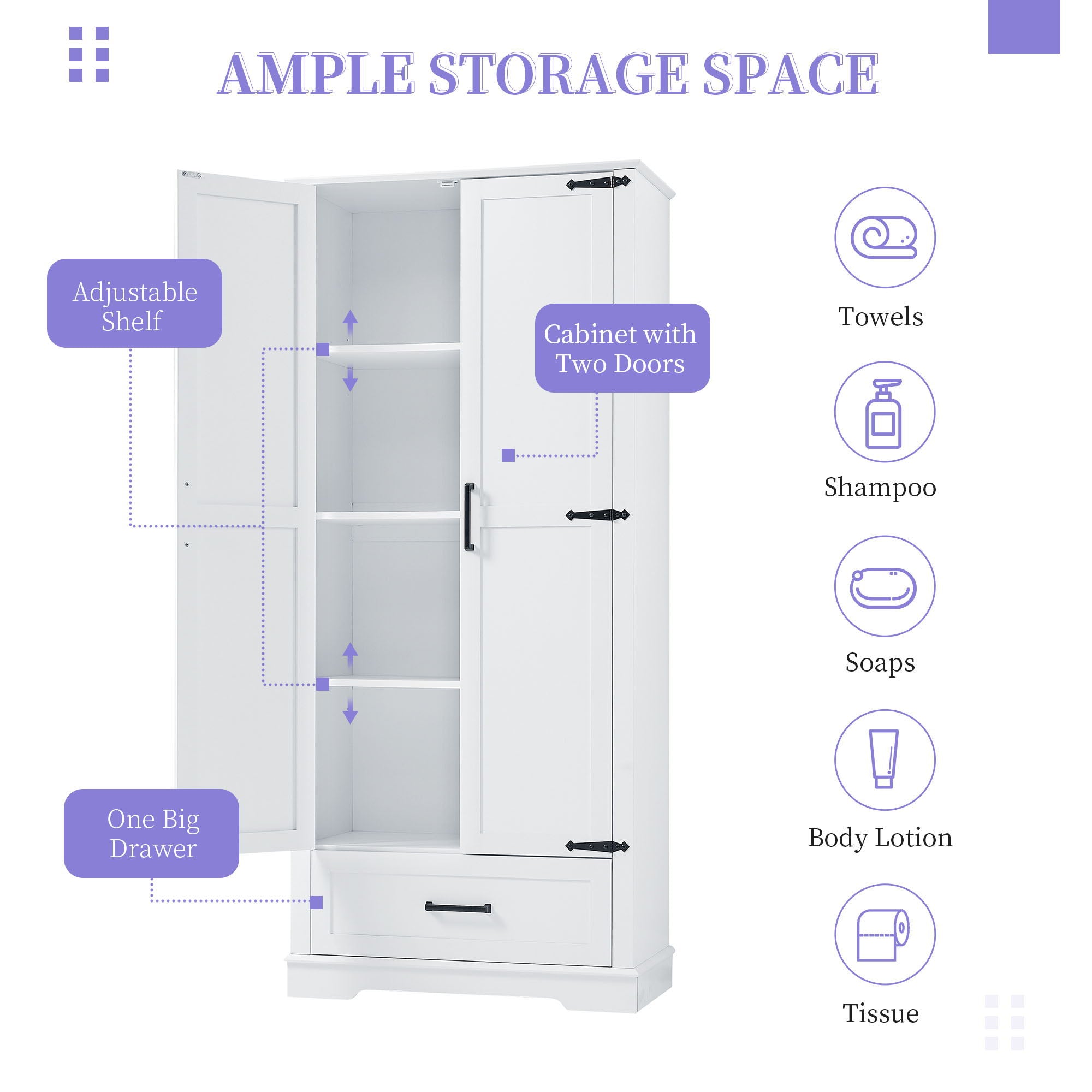 Tall Bathroom Storage Cabinet With 2 Doors And 2 Drawer, Adjustable Shelf - White