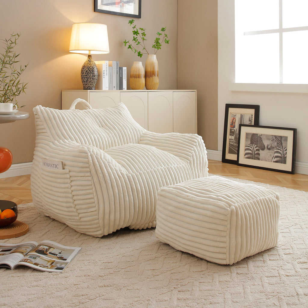 Giant Plush Bean Bag Chair For Adults With Armrests And Footstool - Beige