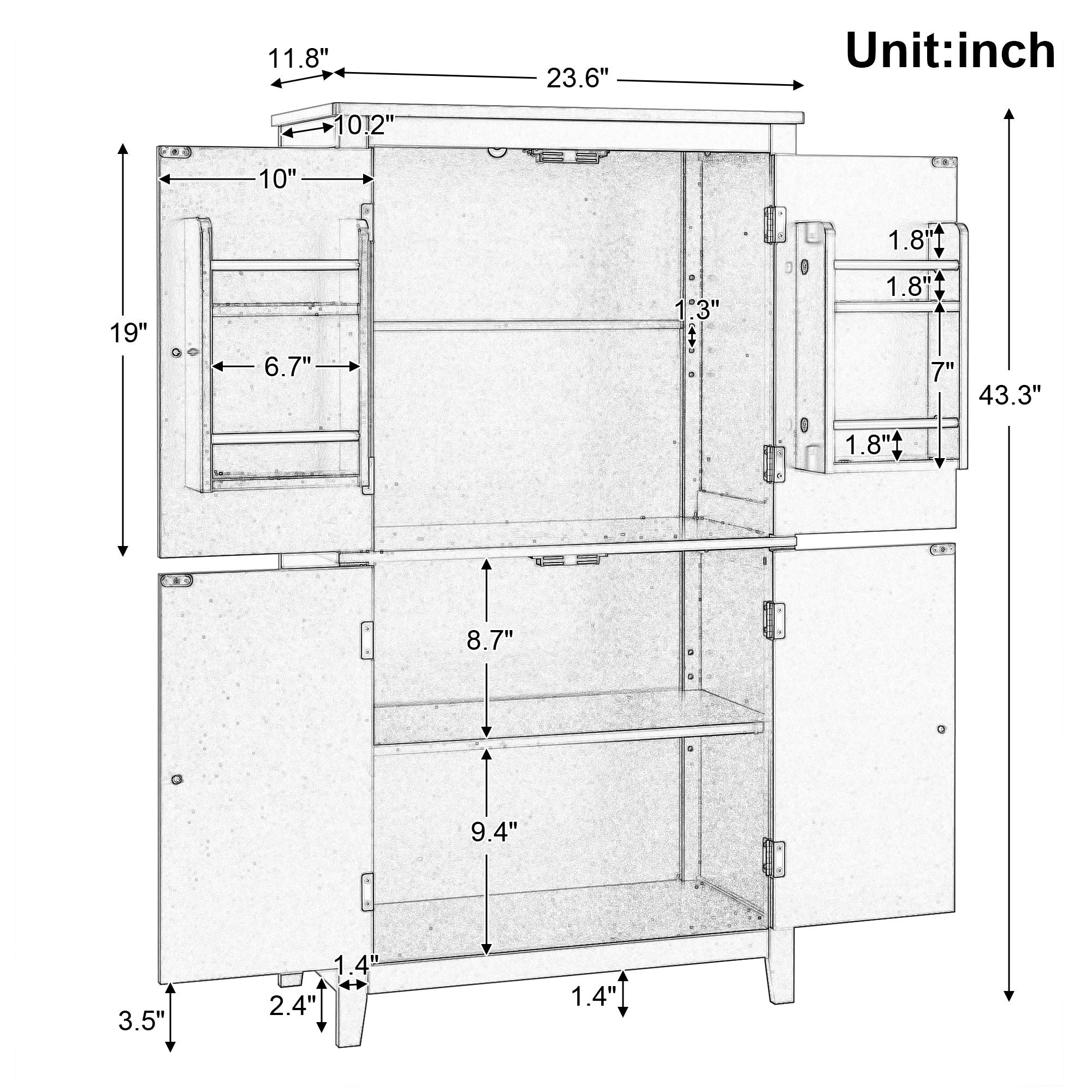 Elegant Bathroom Floor Storage Cabinet With 4 Doors, Adjustable Shelves