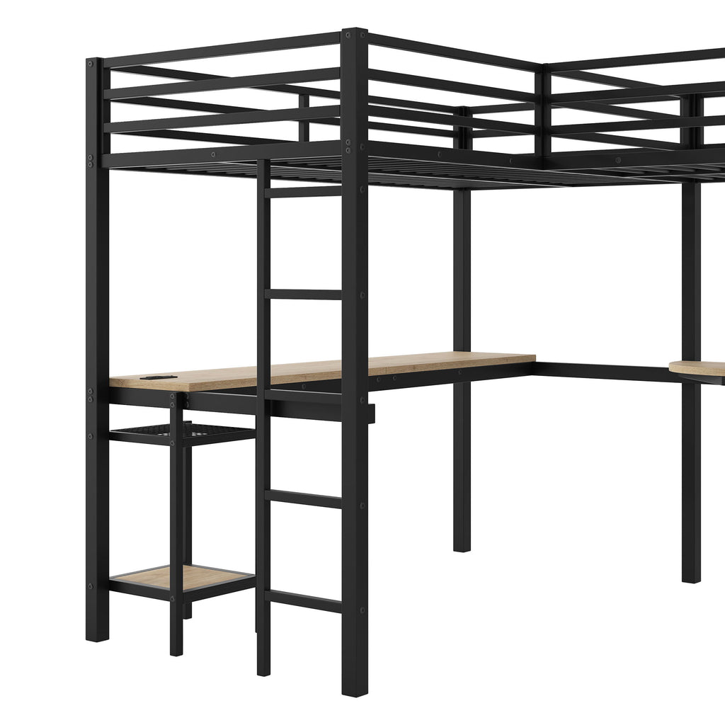 Mission Style Twin L-Shaped Loft Bed With LED, Storage Shelves, 2 Charging Stations, And 2 Built In Desks - Black