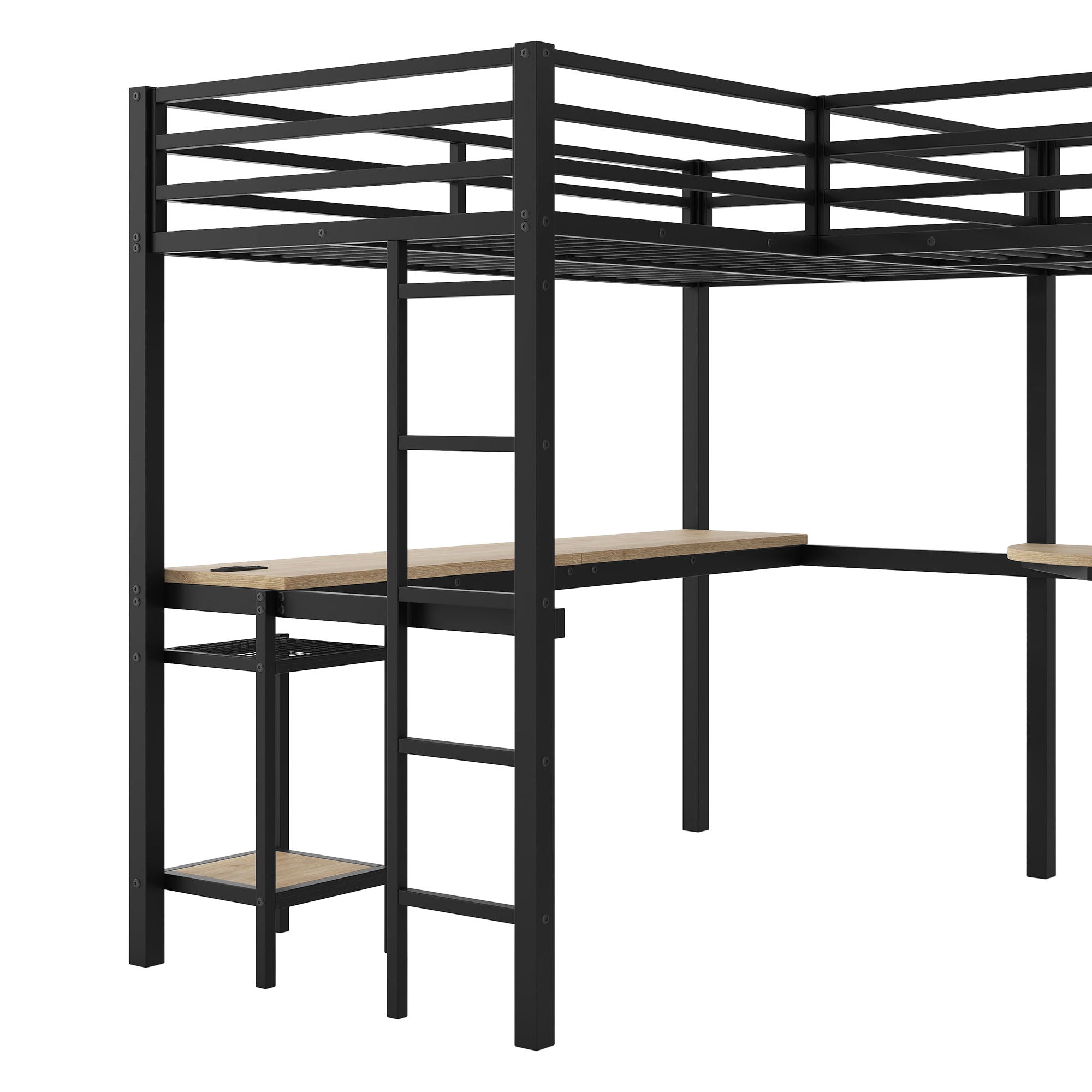 Mission Style Twin L-Shaped Loft Bed With LED, Storage Shelves, 2 Charging Stations, And 2 Built In Desks - Black