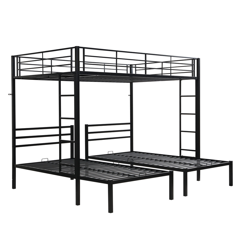 Modern Metal Triple Bunk Bed With Vertical Ladder, Safety Rail, And Storage Shelf - Black