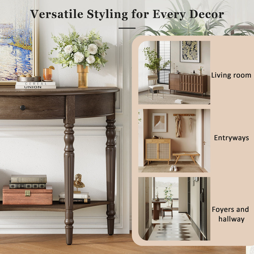 Half Moon Console Table With Drawer & Shelf For Living Room - Walnut